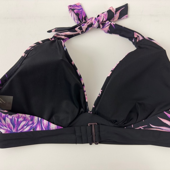CALIA  Black with Purple Tropical Print Plunging V Neck Halter Swimsuit … - Picture 3 of 9